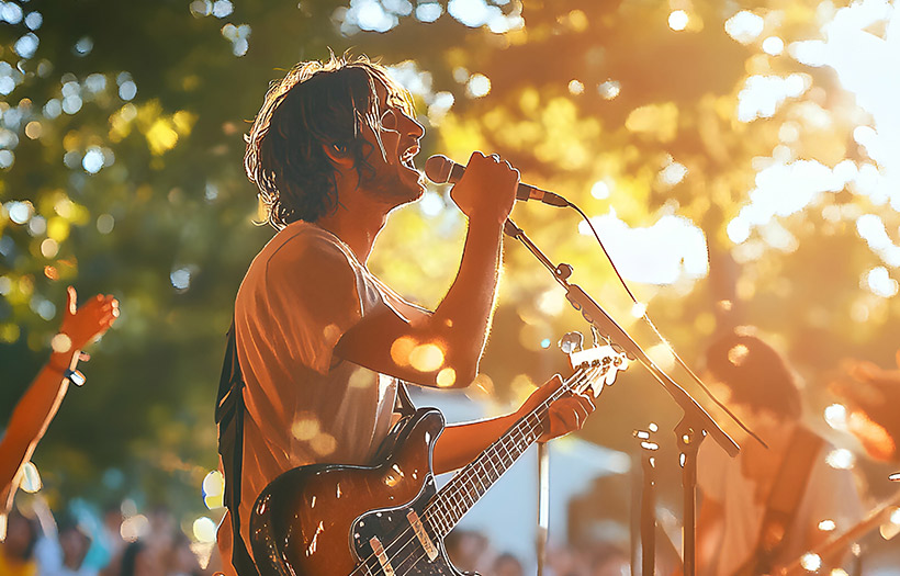 Man with guitar singing into microphone